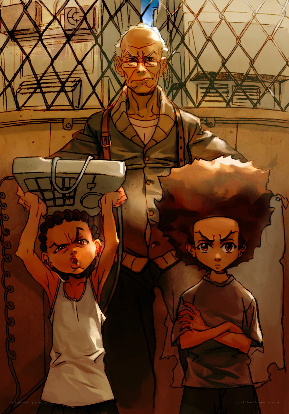 Old man with two children