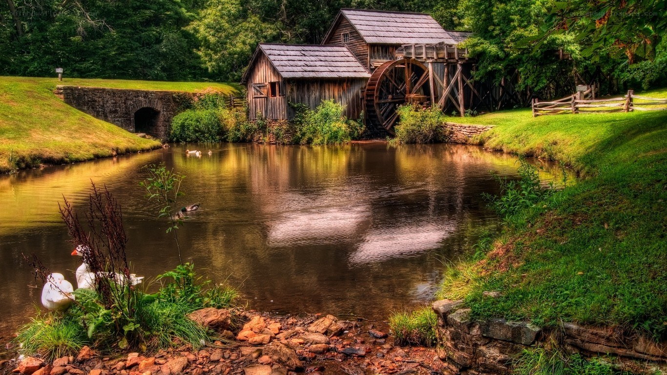Old mill by a serene pond
