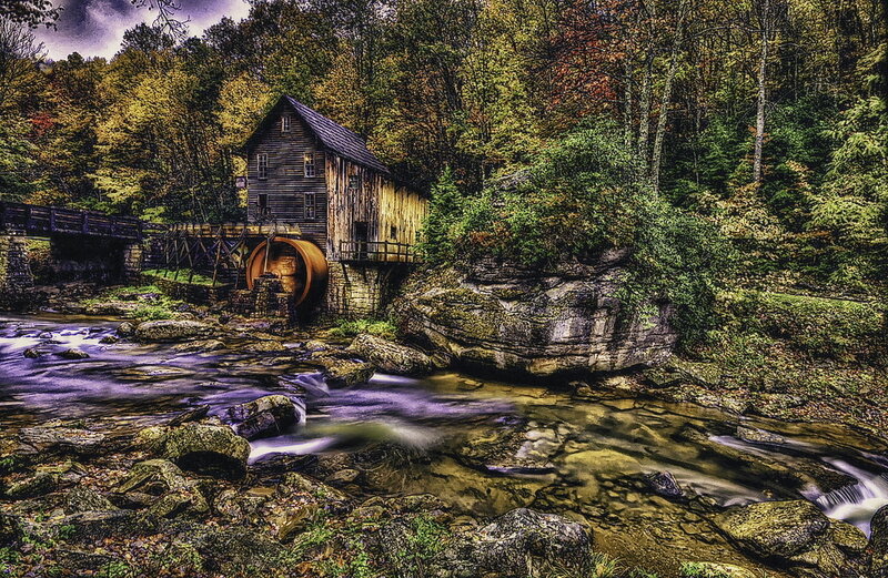 Old Mill by a Stream — Green, Dramatic