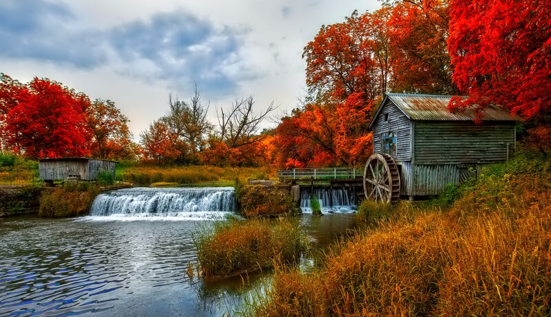 Old Mill by River — Red