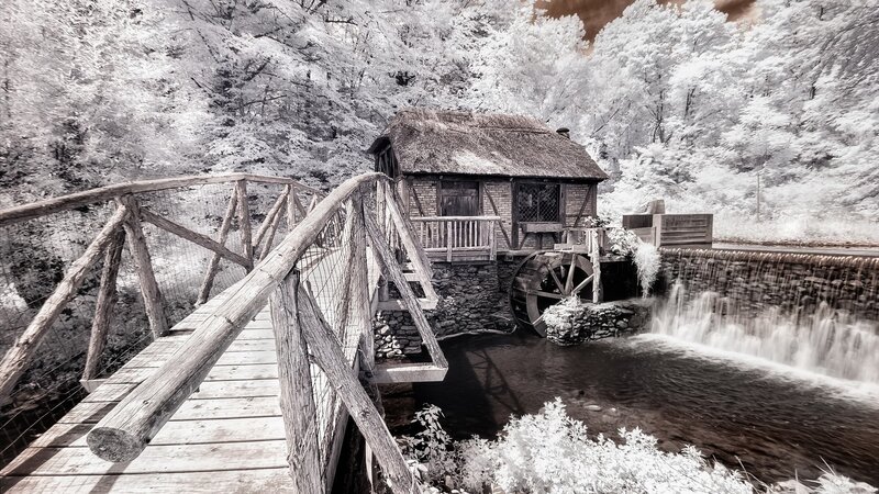 Old Mill by River — White
