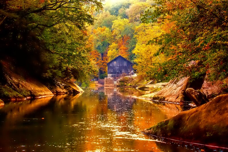 Old Mill by River — Yellow