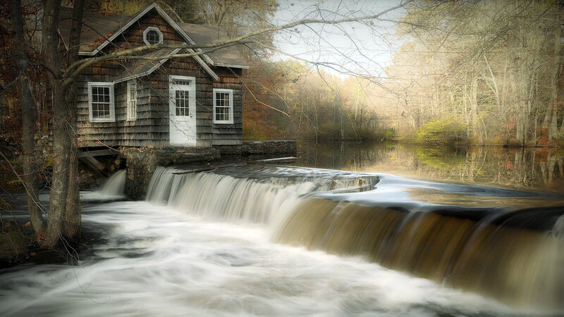 Old Mill by Waterfall — Brown, Serene