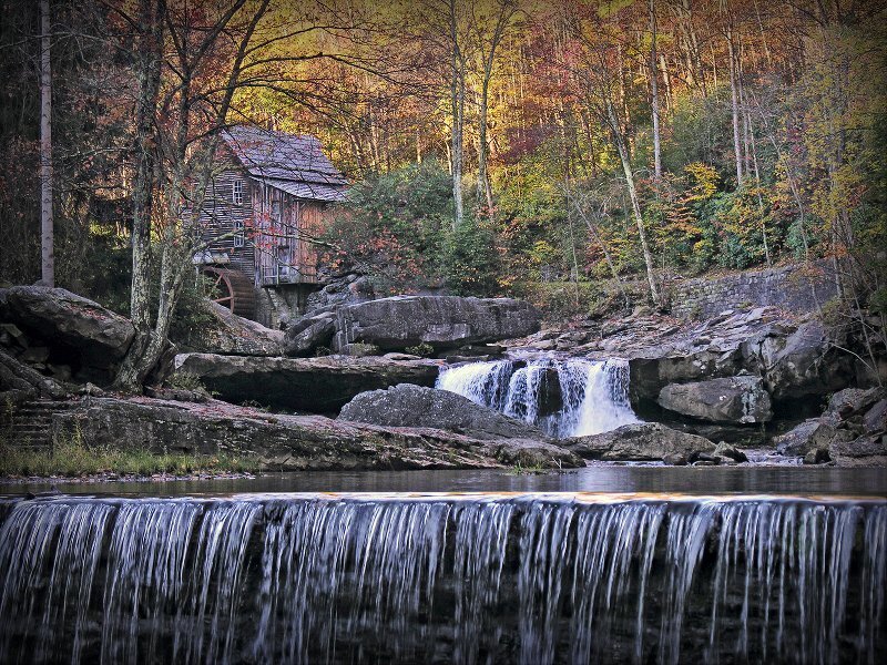 Old Mill by Waterfall — Brown