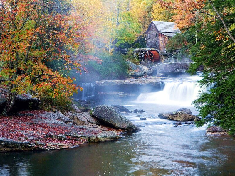 Old Mill by Waterfall — Green