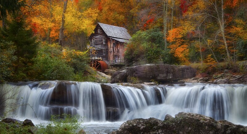 Old Mill by Waterfall — Orange, Serene, Autumn, Photograph, Forest