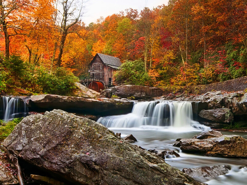 Old Mill by Waterfall — Orange, Serene, Autumn, Photograph