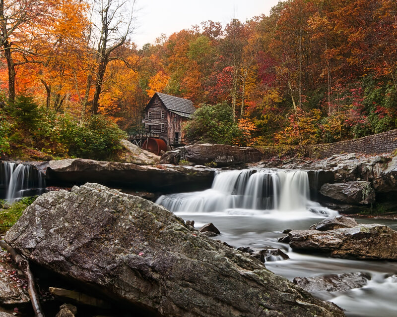 Old Mill by Waterfall — Orange, Serene, Autumn