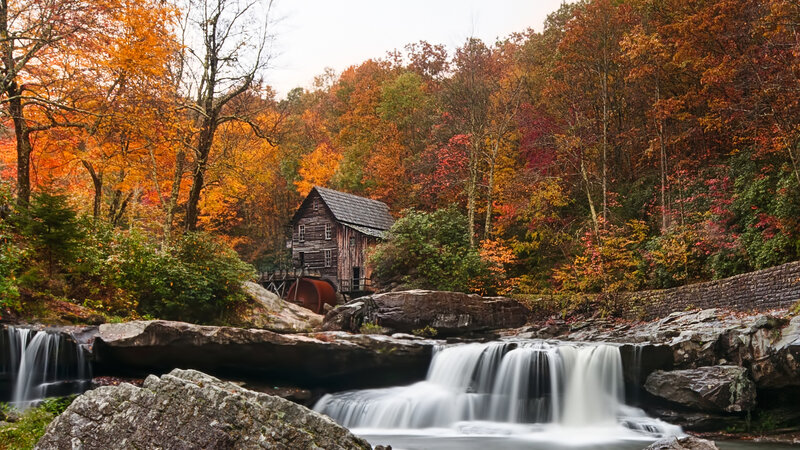 Old Mill by Waterfall — Orange, Serene