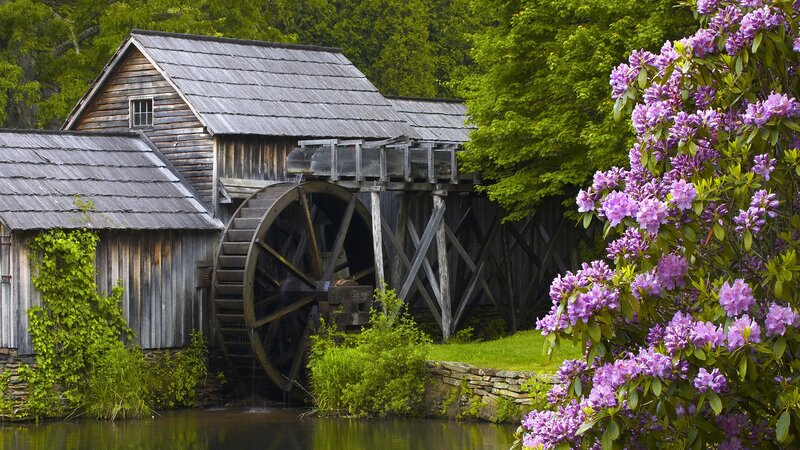 Old mill with waterwheel and flowers