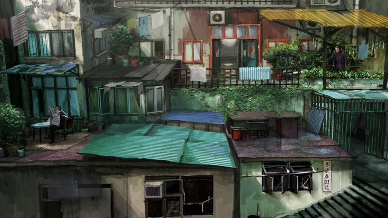 Old neighborhood rooftop scene