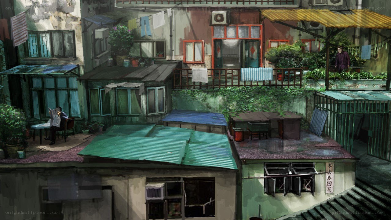 Old neighborhood rooftop scene