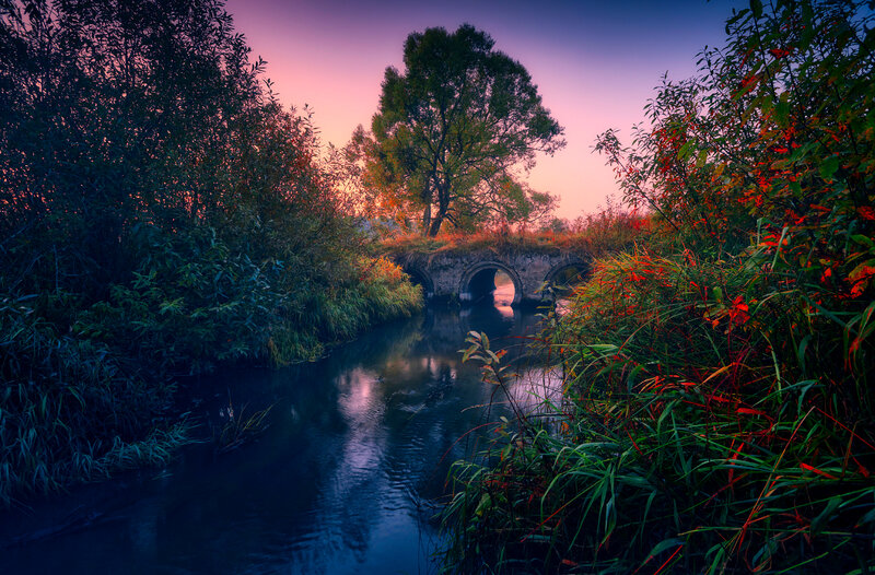 Old Stone Bridge over River — Purple