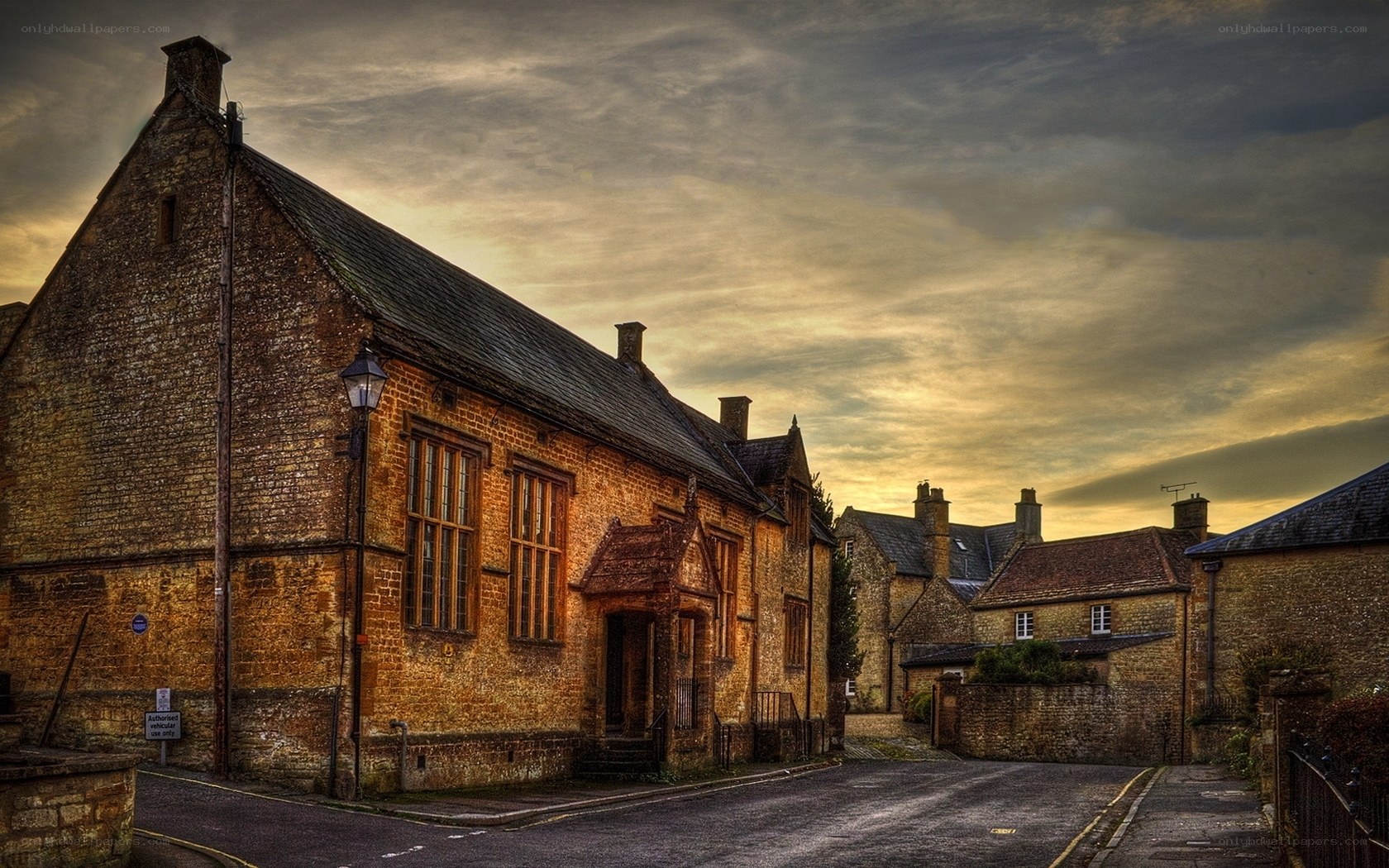 Old stone buildings at dusk