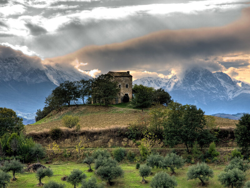 Old Stone House on Hill — Green, Dramatic, Sunset, Photograph, Mountains, Trees, Clouds