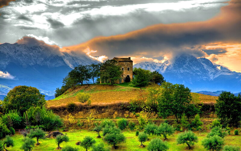 Old Stone House on Hill — Green, Dramatic, Sunset