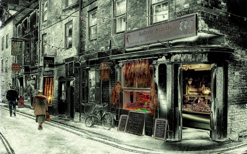 Old street with butcher shop