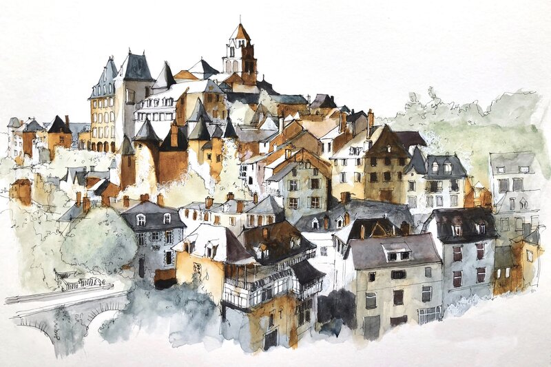 Old Town on Hillside — Brown
