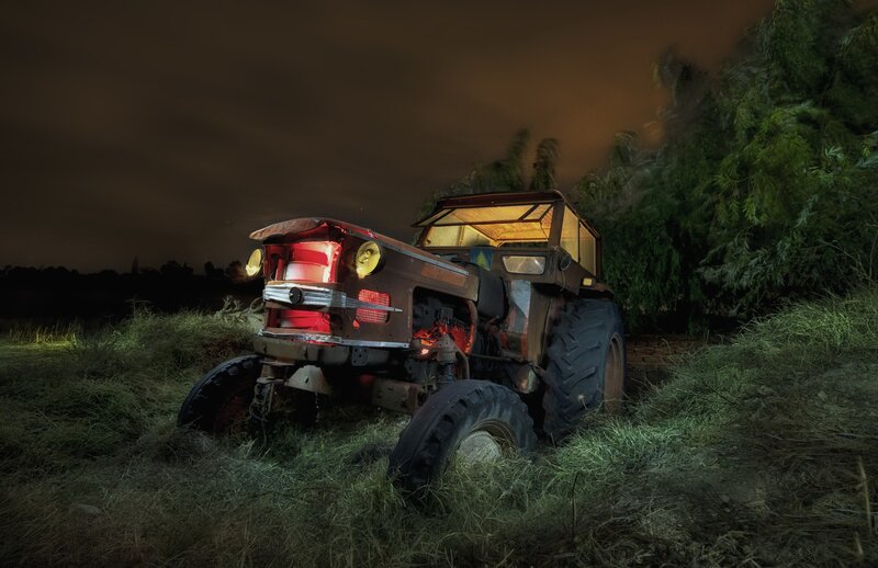 Old Tractor in Field — Green, Dramatic