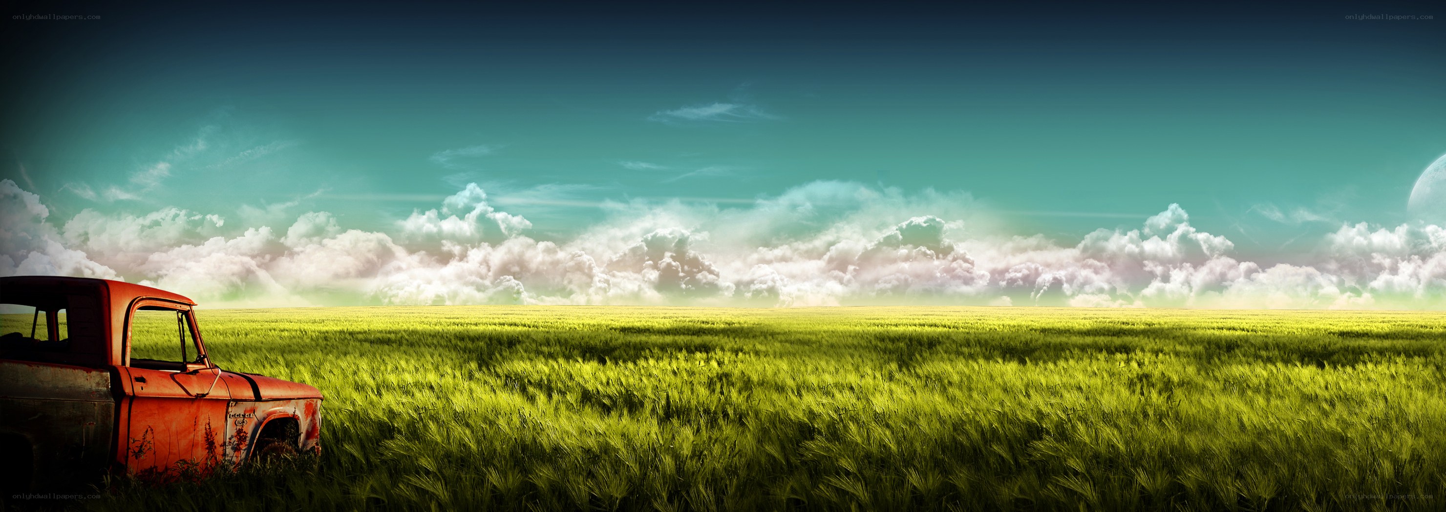 Old truck in a green field