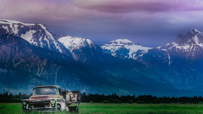Old Truck in Field — Green, Dramatic, Sunset