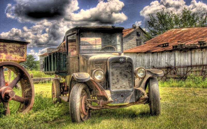 Old Truck in Field — Green, Dramatic