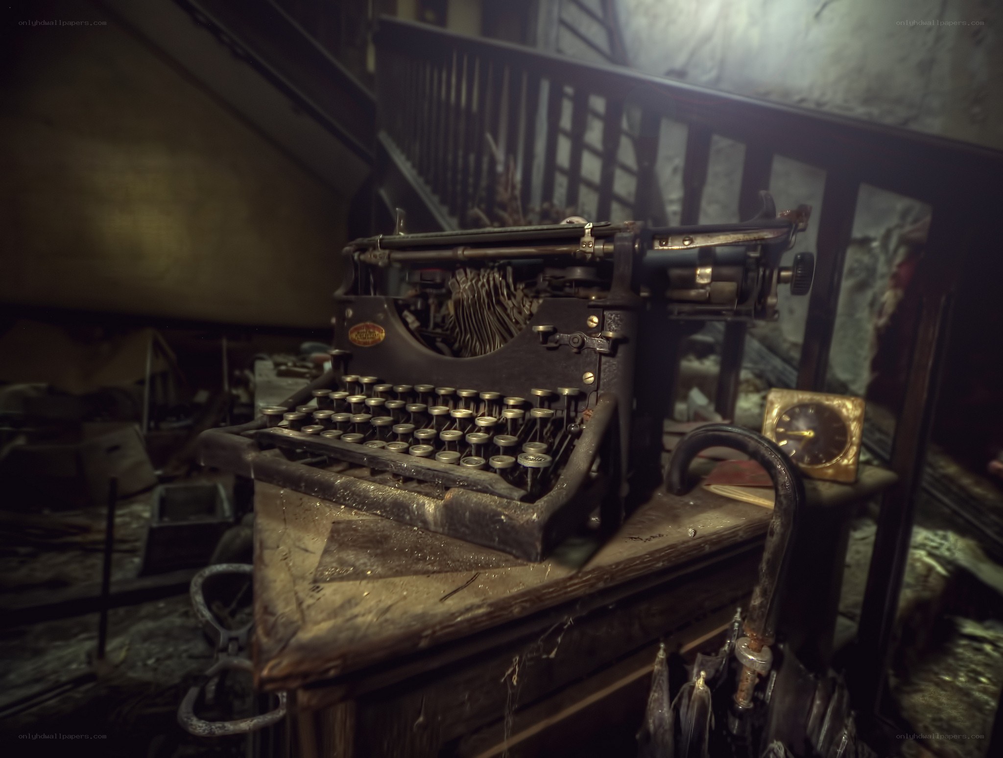Old typewriter in abandoned room