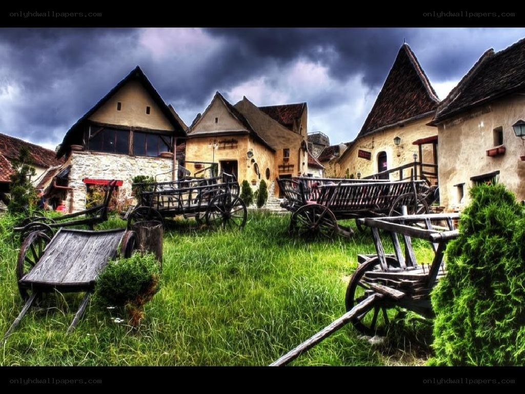 Old village with wooden carts