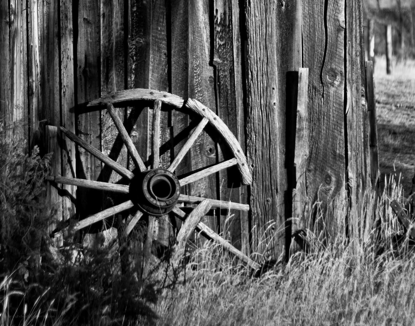 Old wagon wheel against wooden wall