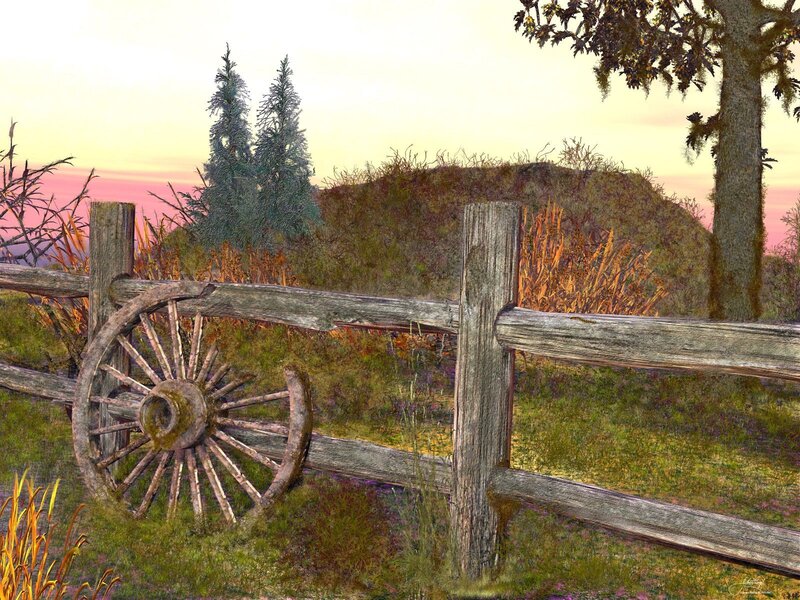 Old wagon wheel by fence at sunset