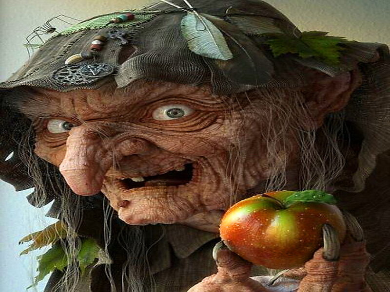 Old Witch Holding Apple — Brown