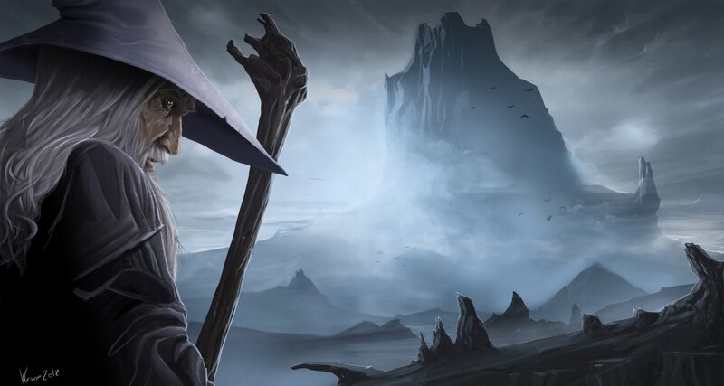 Old Wizard with Staff — Gray, Dramatic