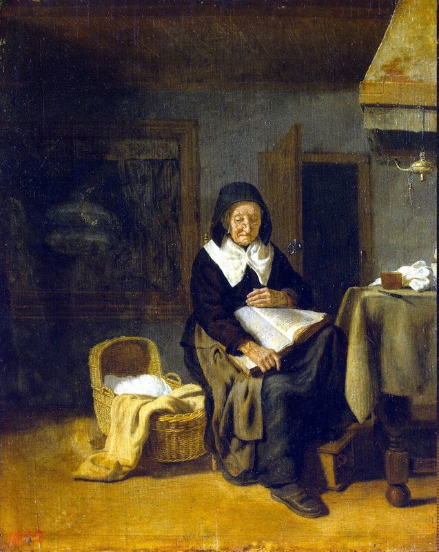 Old woman reading in a room