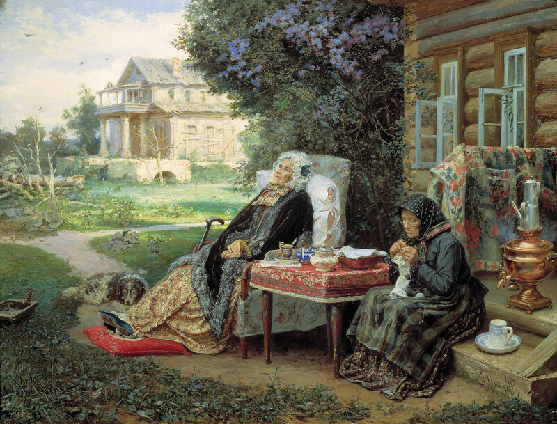Old women in garden scene