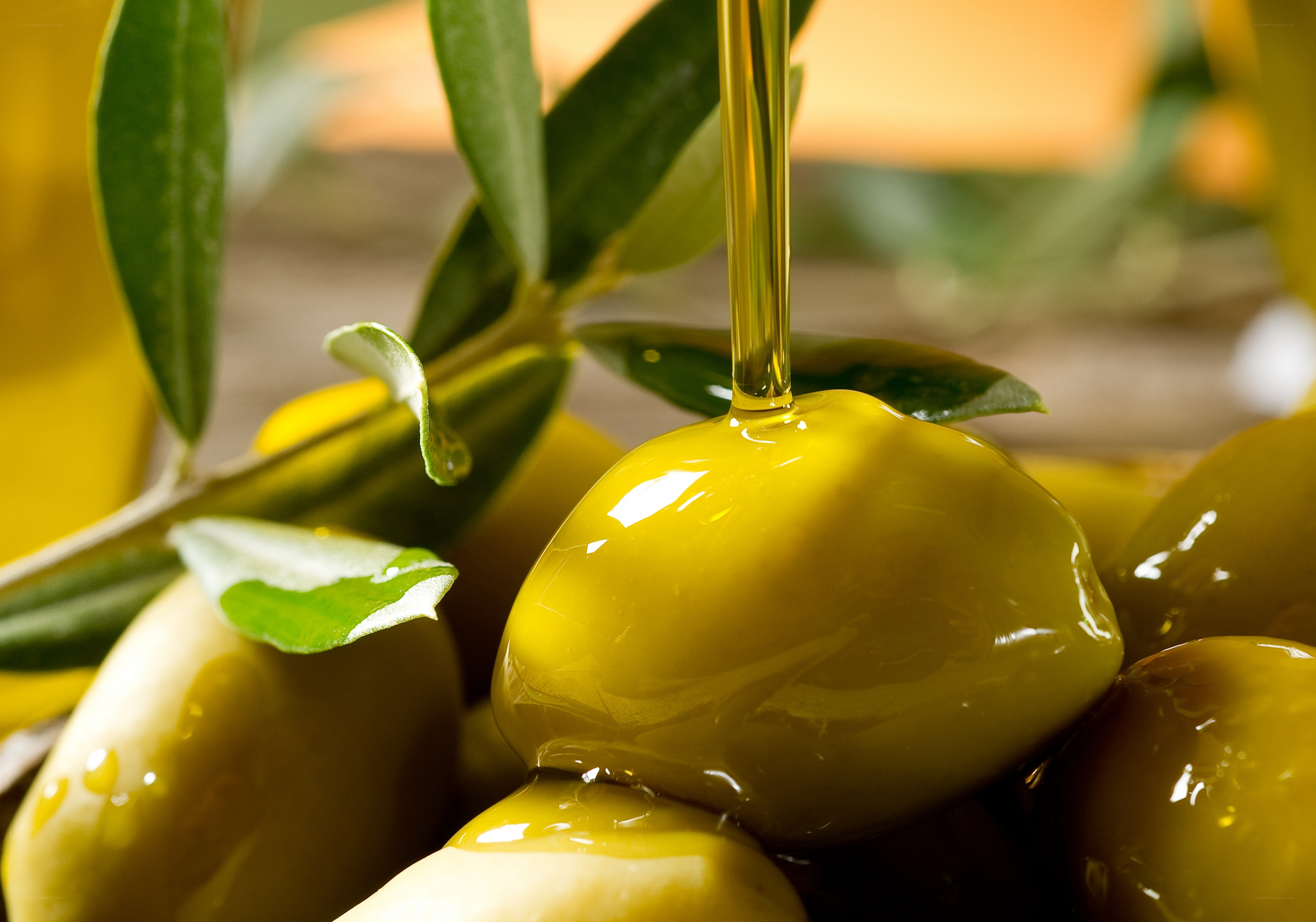 olive oil pouring on olives
