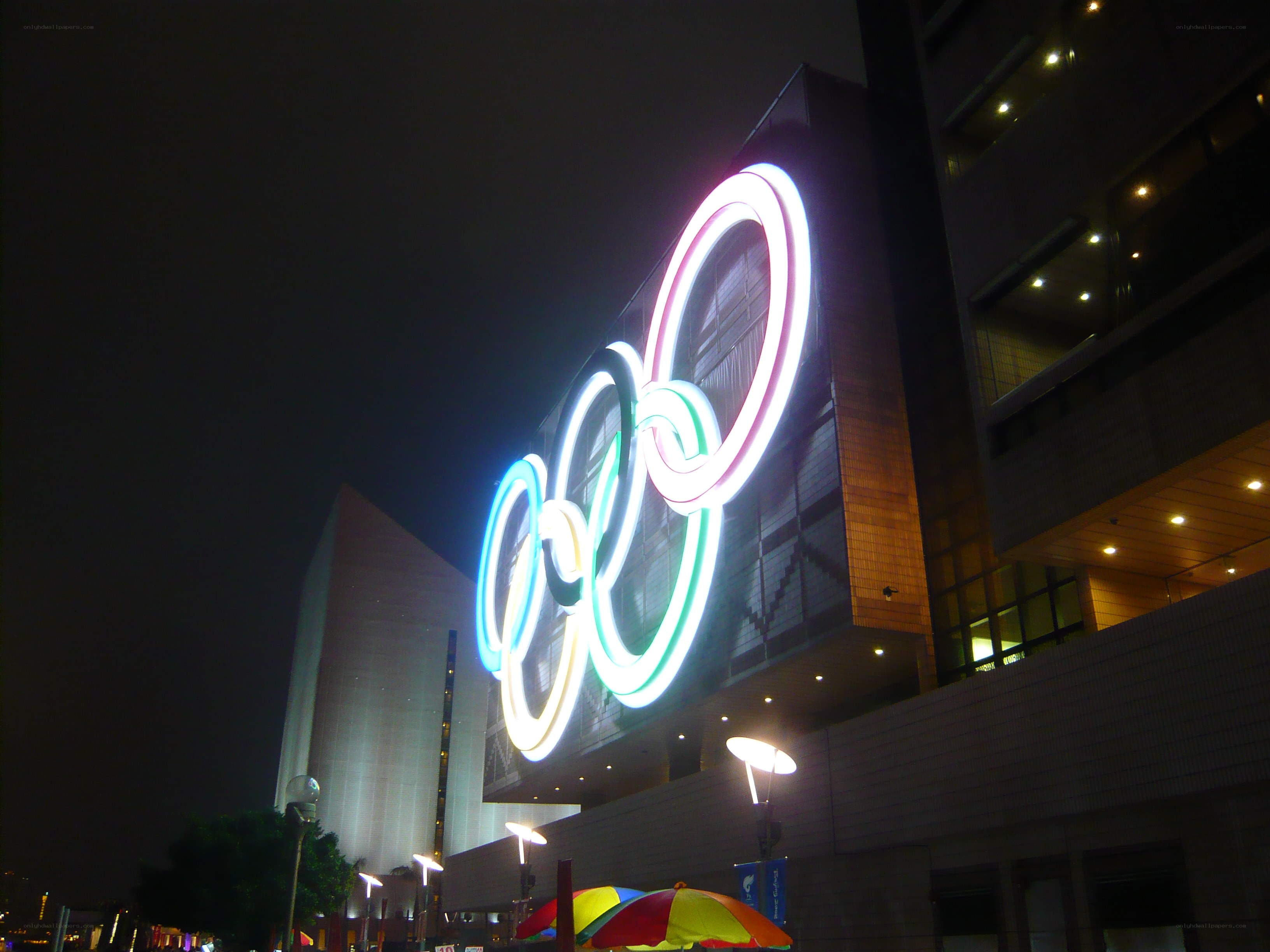 Olympic rings at night