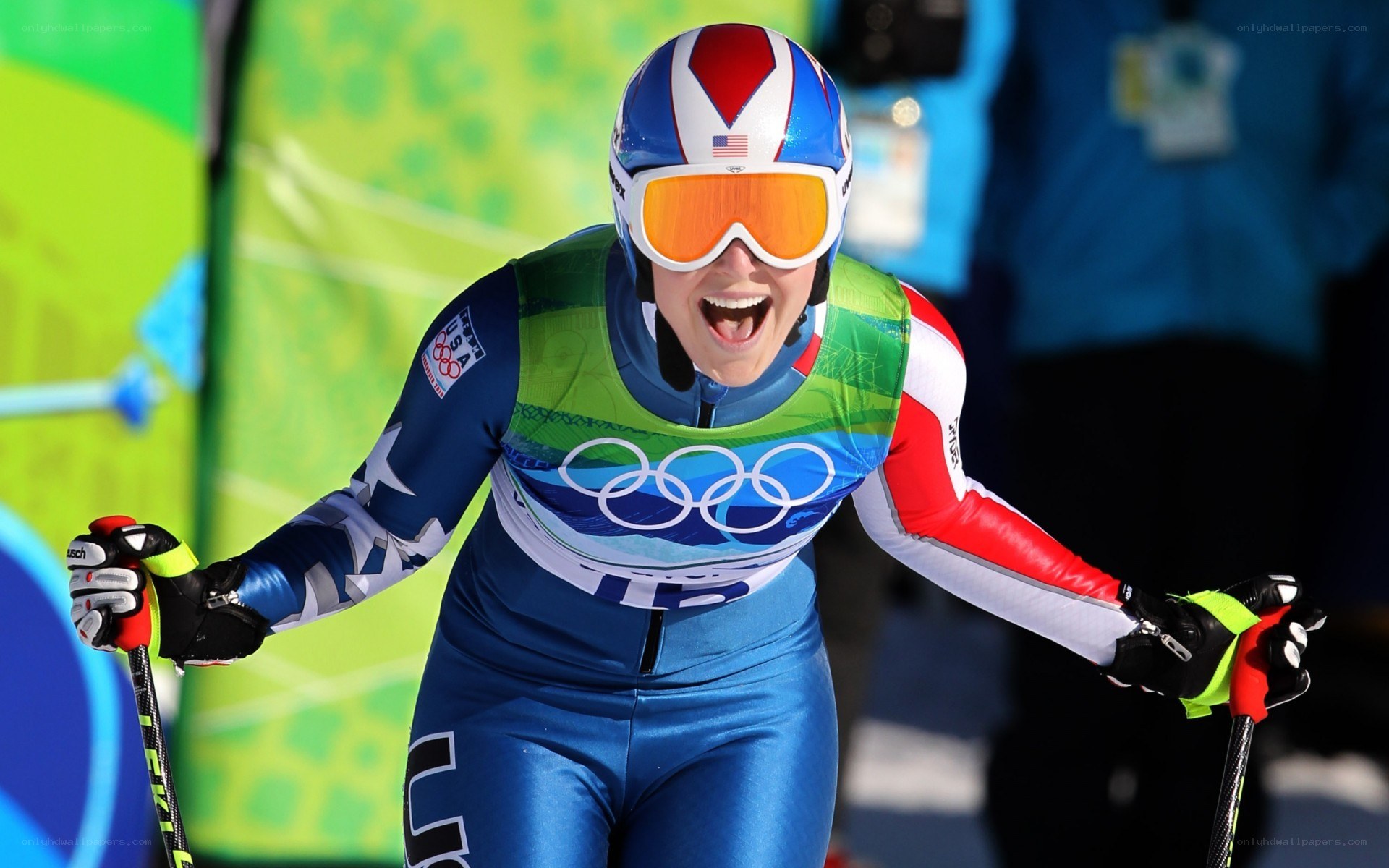 Olympic skier celebrating win