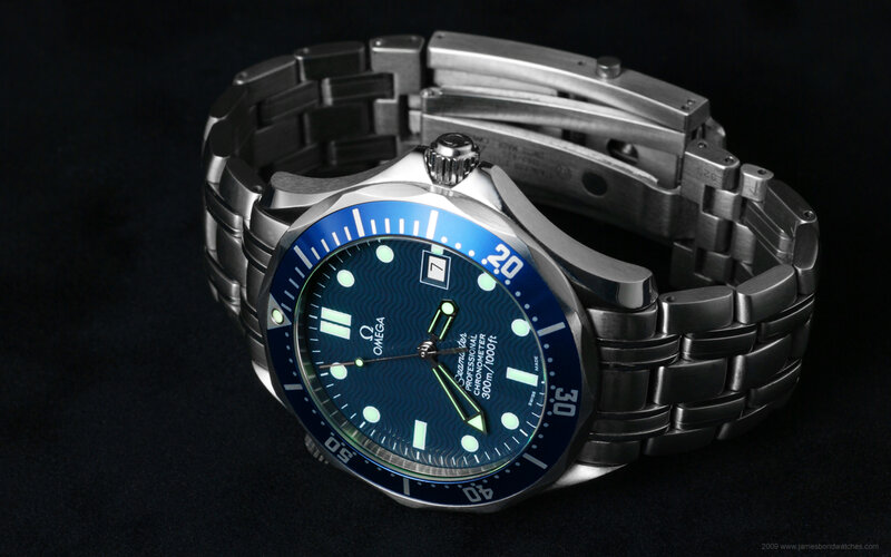 Omega Seamaster Watch — Black, Dramatic, Photograph, Metal Band, Blue Dial