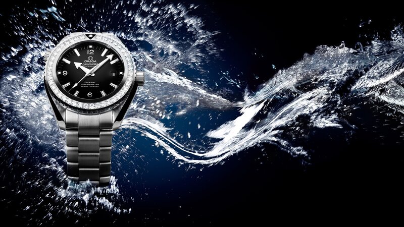 Omega Seamaster Watch — Black, Dramatic, Photograph, Water Splash, Dial