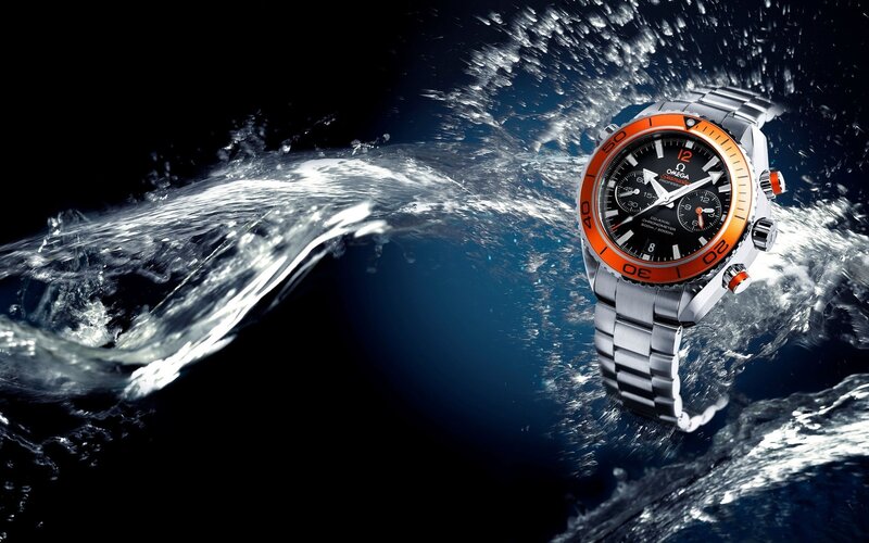 Omega Watch in Water — Black, Dramatic, Photograph, Splashes, Silver