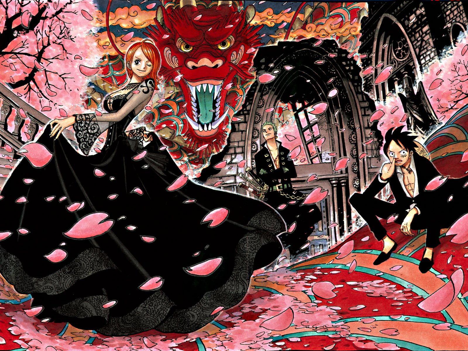 One Piece characters in cherry blossom scene