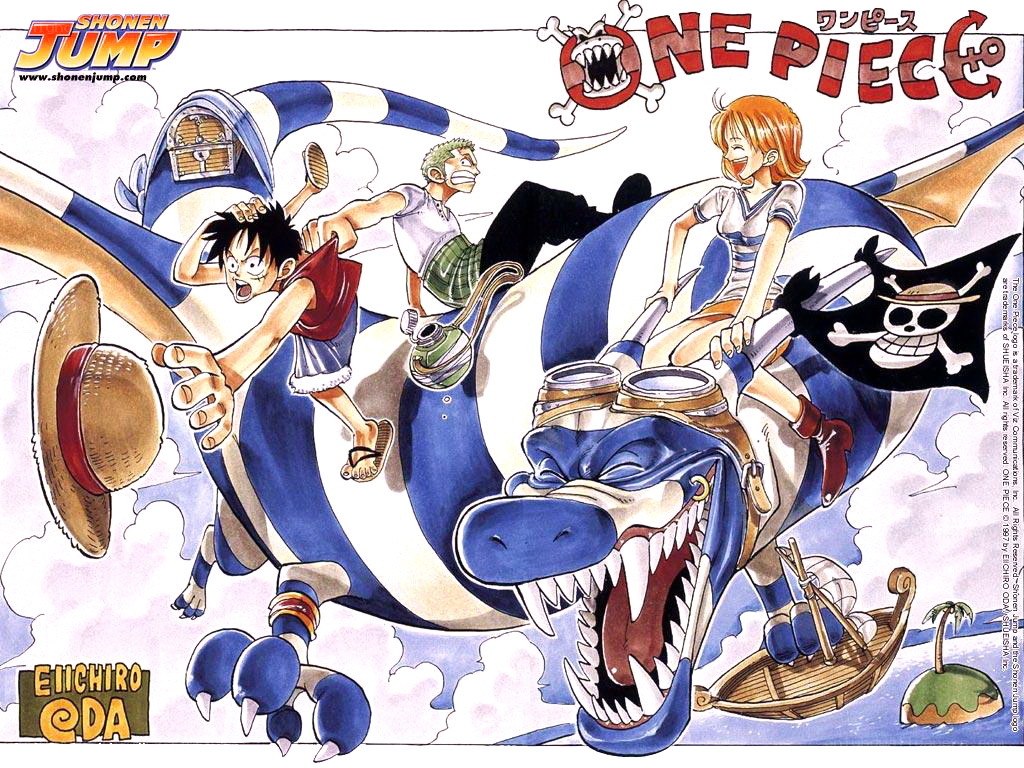 One Piece characters on a flying dinosaur