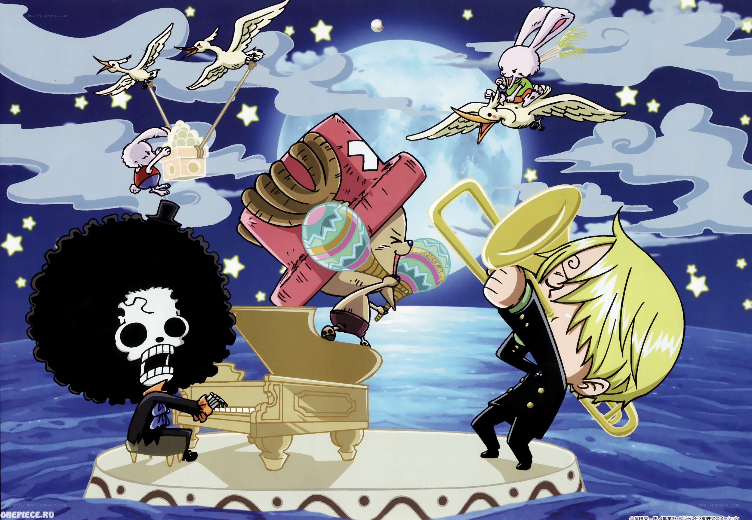 One Piece characters on a moonlit stage
