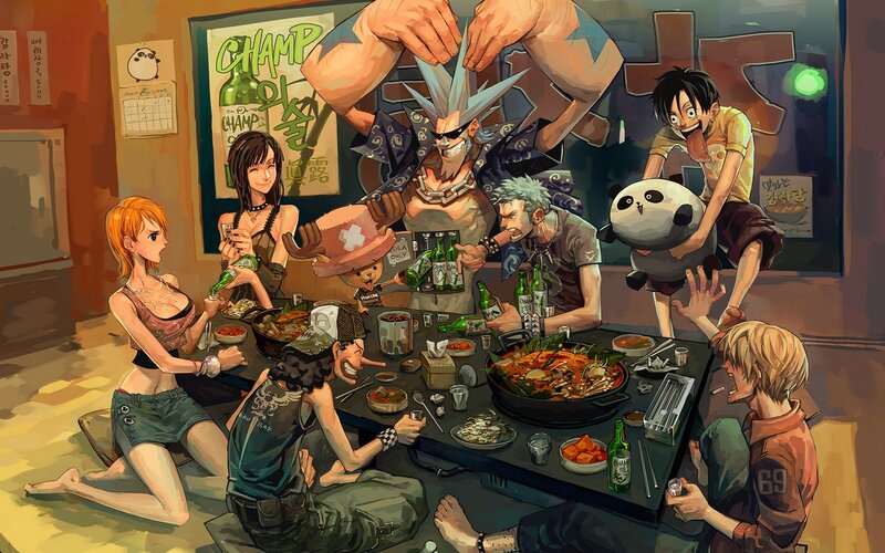 One Piece crew at a restaurant