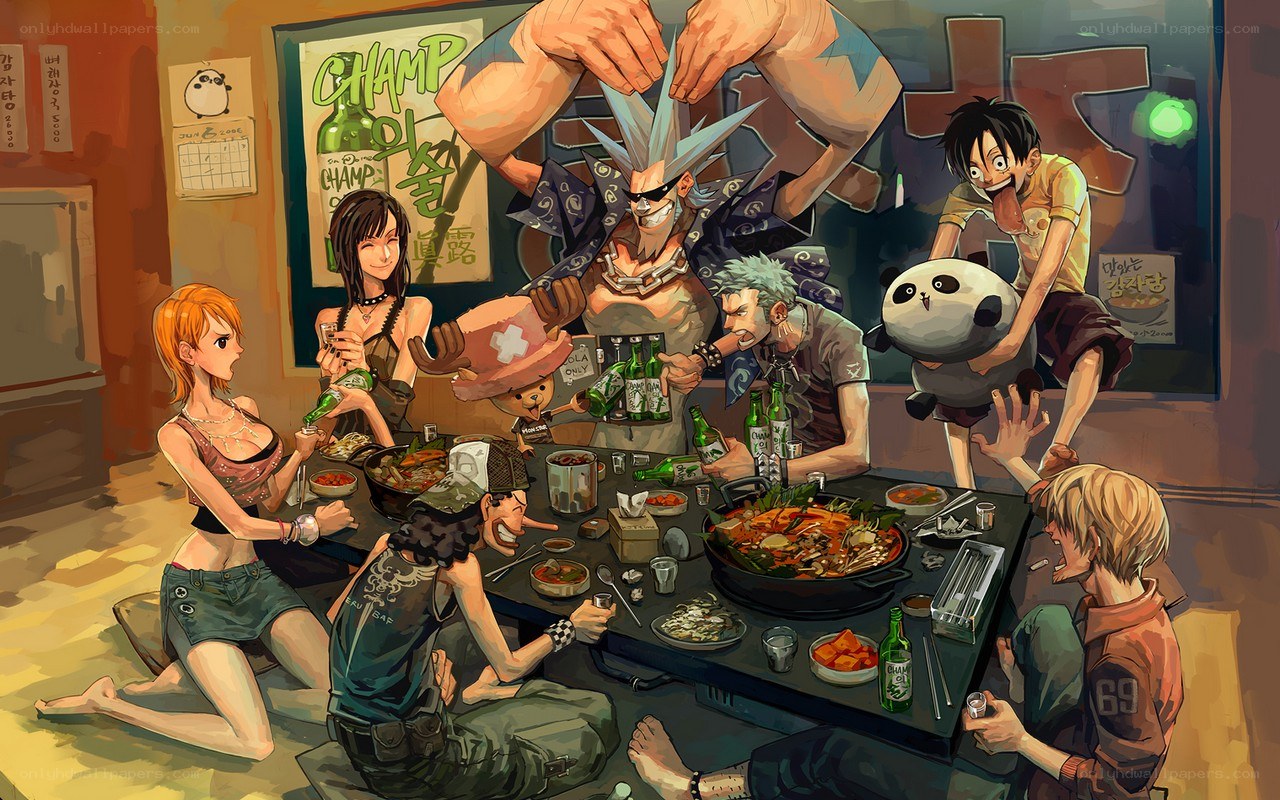 One Piece crew at a restaurant