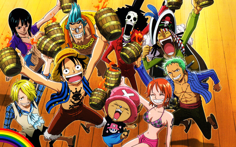 One Piece Crew Celebrating — Yellow, Joyful, Energetic