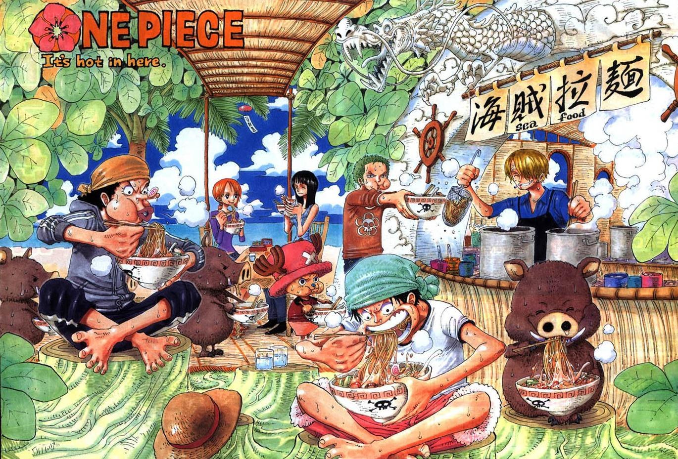 One Piece crew eating noodles