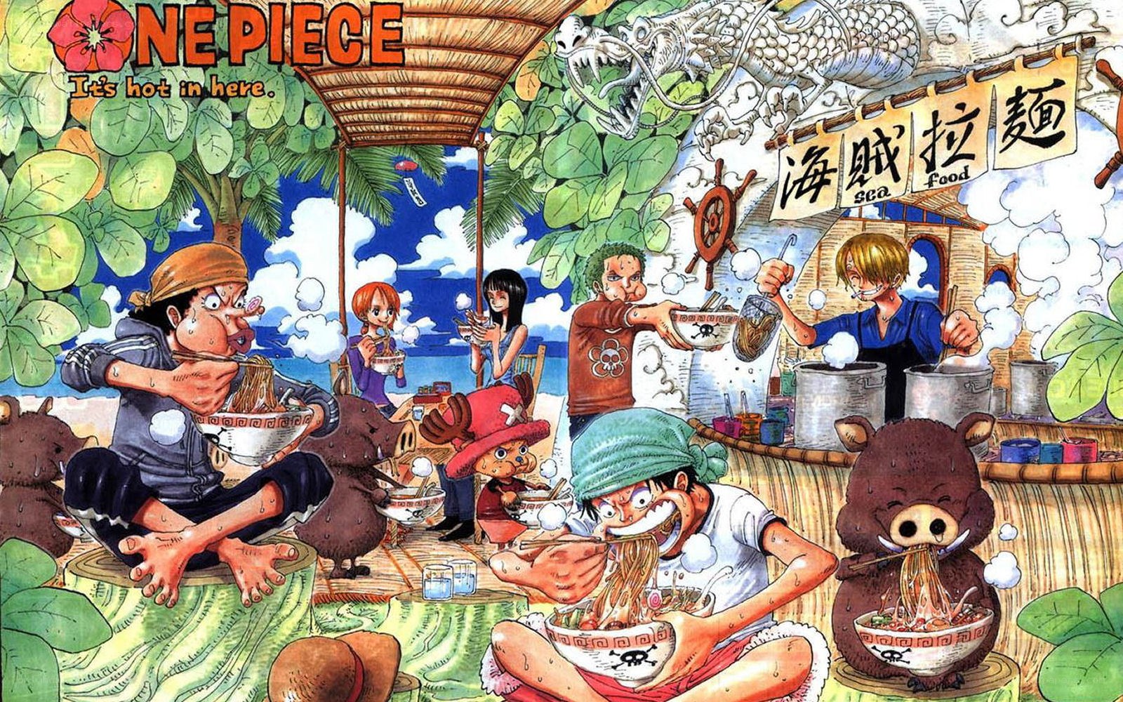 One Piece crew eating noodles