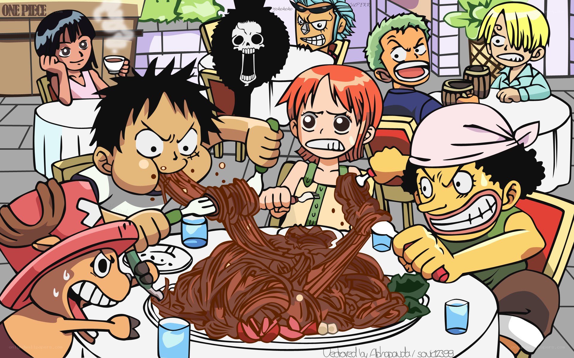One Piece crew eating spaghetti