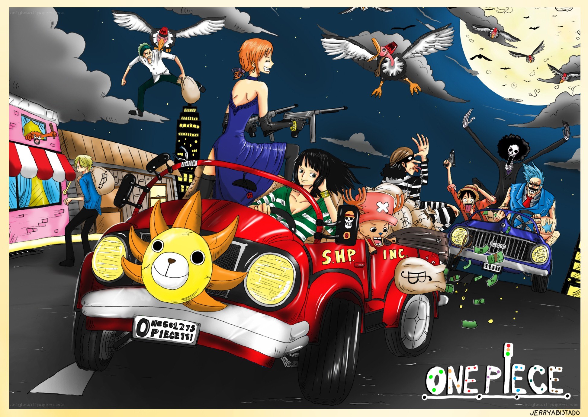 One Piece crew in a car chase